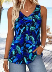 Leaf Print Tummy Coverage Dark Blue Sleeveless Tank Top