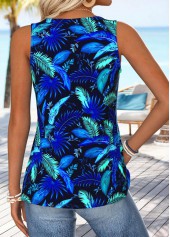 Leaf Print Tummy Coverage Dark Blue Sleeveless Tank Top