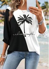 Tropical Plants Print Tummy Coverage Black 3/4 Sleeve Blouse