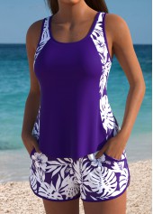 Mid Waisted Floral Print Dark Purple Tankini Set