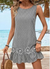 Plaid Tummy Coverage Black Short Sleeveless Round Neck Dress
