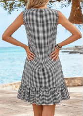 Plaid Tummy Coverage Black Short Sleeveless Round Neck Dress