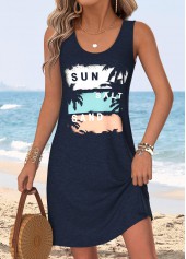 Tropical Plants Print Tummy Coverage Navy Short Sleeveless Dress