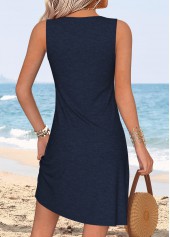 Tropical Plants Print Tummy Coverage Navy Short Sleeveless Dress