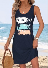 Tropical Plants Print Tummy Coverage Navy Short Sleeveless Dress