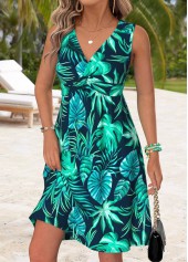 Leaf Print Tummy Coverage Multi Color Sleeveless Dress