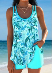 Mid Waisted Ocean Print Curved Hem Tankini Set