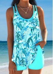 Mid Waisted Ocean Print Curved Hem Tankini Set