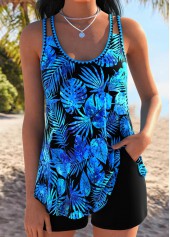 Mid Waisted Tropical Plants Print Tummy Coverage Tankini Set