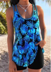Mid Waisted Tropical Plants Print Tummy Coverage Tankini Set
