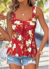 Floral Print Peplum Red Sleeveless Heart Collar Tank Top