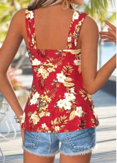 Floral Print Peplum Red Sleeveless Heart Collar Tank Top