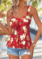 Floral Print Peplum Red Sleeveless Heart Collar Tank Top