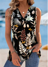 Leaf Print Multi Color Sleeveless V Neck Tank Top