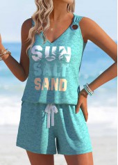 Letter Print Mint Green Sleeveless Tank Top and Shorts