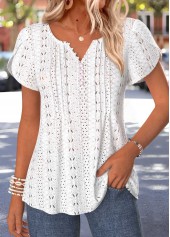Curved Hem White Short Sleeve Split Neck T Shirt