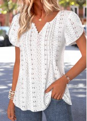 Curved Hem White Short Sleeve Split Neck T Shirt