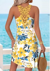 Floral Print Tummy Coverage Yellow Short Strappy Dress