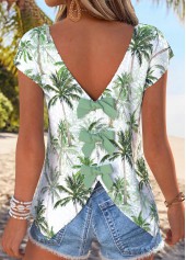 Tropical Plants Print Tummy Coverage Light Green T Shirt