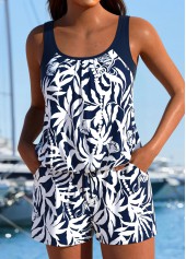 Tropical Plants Print Tummy Coverage Navy One Piece Swimwear