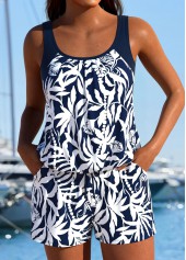 Tropical Plants Print Tummy Coverage Navy One Piece Swimwear