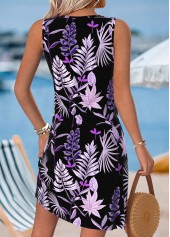 Leaf Print Tummy Coverage Black Short Sleeveless Dress