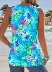 Marine Life Print Cyan Sleeveless V Neck Tank Top