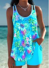 Mid Waisted Tropical Plants Print Curved Hem Tankini Set