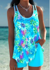 Mid Waisted Tropical Plants Print Curved Hem Tankini Set