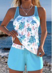 Mid Waisted Marine Life Print Tummy Coverage Tankini Set
