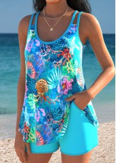 Mid Waisted Marine Life Print Tummy Coverage Tankini Set