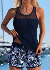 Mid Waisted Tribal Print Tummy Coverage Navy Tankini Set