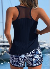 Mid Waisted Tribal Print Tummy Coverage Navy Tankini Set