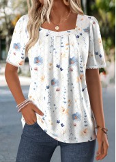 Ditsy Floral Print Tummy Coverage White T Shirt