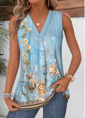 Random Floral Print Tummy Coverage Dusty Blue Tank Top