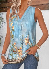 Random Floral Print Tummy Coverage Dusty Blue Tank Top