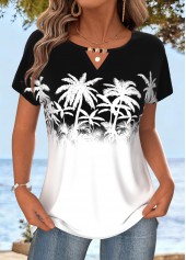 Tropical Plants Print Tummy Coverage White T Shirt