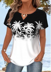 Tropical Plants Print Tummy Coverage White T Shirt