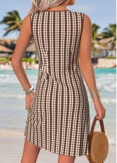 Striped Tummy Coverage Dark Coffee Short Sleeveless Dress