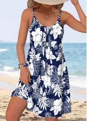 Floral Print Tummy Coverage Navy Short Strappy Dress