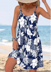 Floral Print Tummy Coverage Navy Short Strappy Dress