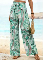 Floral Print Belted Green Wide Leg Elastic Waist Pants