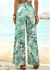 Floral Print Belted Green Wide Leg Elastic Waist Pants
