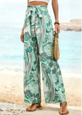 Floral Print Belted Green Wide Leg Elastic Waist Pants