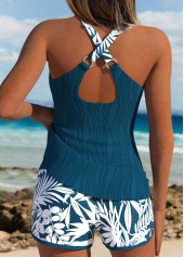 Mid Waisted Leaf Print Criss Cross Back Tankini Set