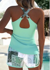 Mid Waisted Tribal Print Tummy Coverage Green Tankini Set