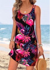 Flamingo Print Tummy Coverage Black Short Strappy Dress