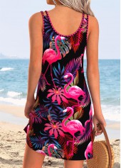Flamingo Print Tummy Coverage Black Short Strappy Dress