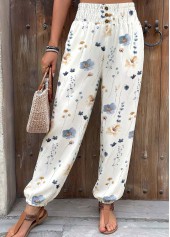 Floral Print Flowy White Jogger Elastic Waist Pants