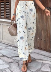 Floral Print Flowy White Jogger Elastic Waist Pants